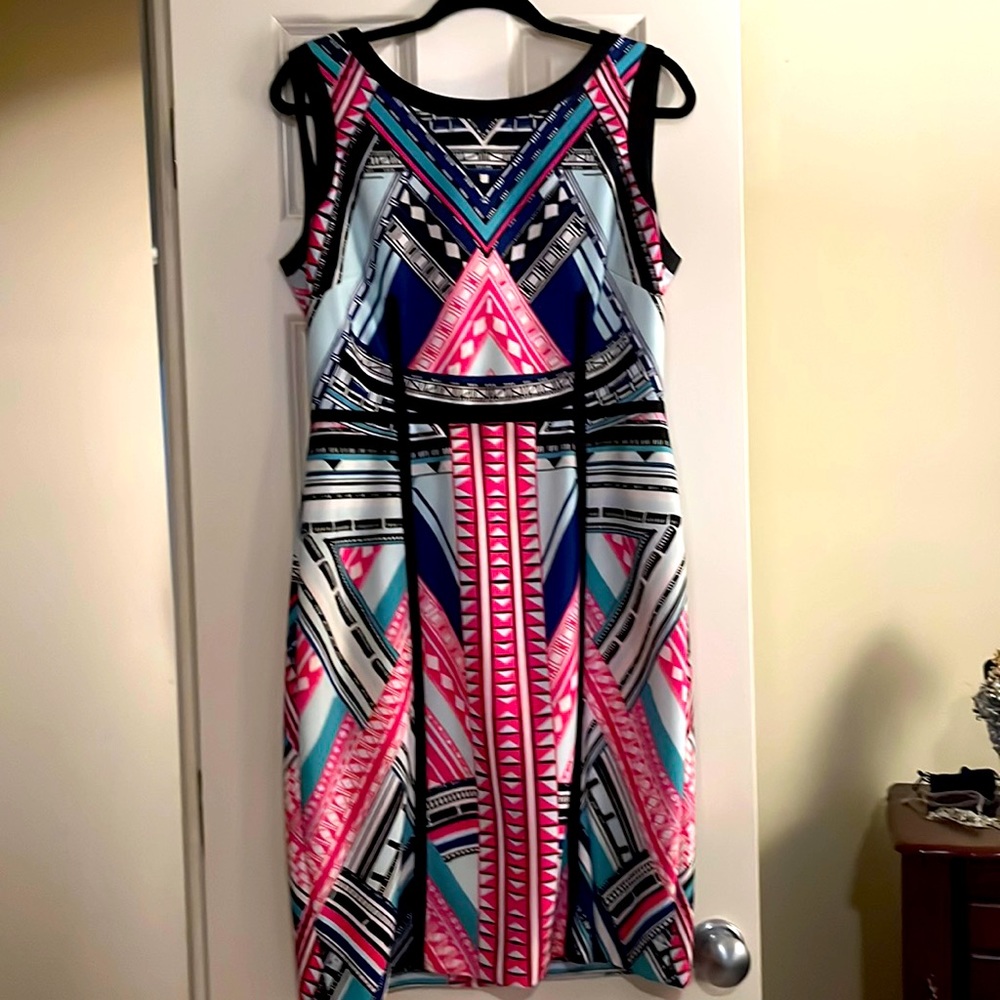 Antonio Melani sleeveless dress.  Pink/blue/white with black ribbon detail.